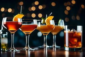 a group of different alcoholic drinks on a table. AI-Generated photo