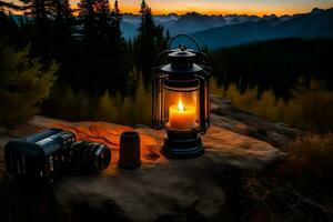 a camera and a lantern on a rock in the mountains. AI-Generated photo