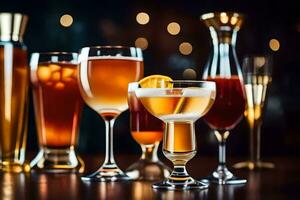 a group of different alcoholic drinks on a table. AI-Generated photo