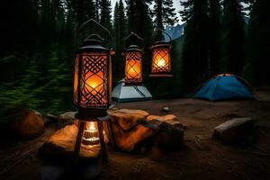 camping lanterns in the woods. AI-Generated photo