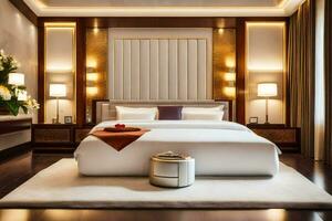 un cama o camas en un habitación a el ritz Carlton Beijing. generado por ai foto