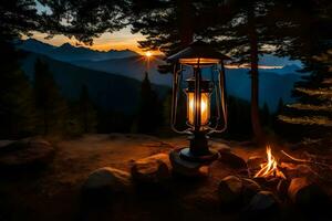 a lantern is lit in the middle of a forest at sunset. AI-Generated photo