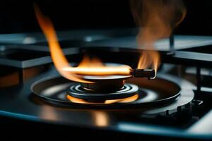 un gas quemador en un estufa con llamas generado por ai foto