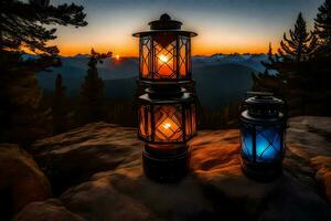 two lanterns on top of a mountain at sunset. AI-Generated photo