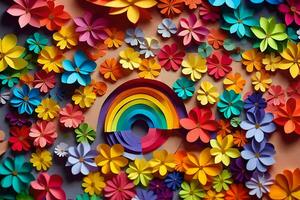 colorful paper flowers arranged in a rainbow shape. AI-Generated photo