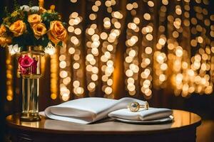 Boda anillos y flores en un mesa en frente de un mesa con luces. generado por ai foto