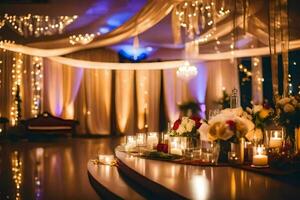 un Boda recepción con velas y luces. generado por ai foto