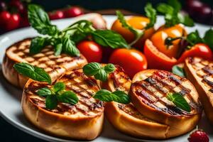 A la parrilla queso emparedados en un plato con Tomates y albahaca. generado por ai foto