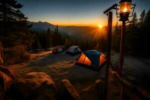 the sun sets over the mountains in this photo. AI-Generated photo