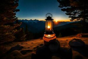a lantern is lit on a rock in the middle of a mountain. AI-Generated photo