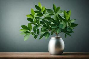 a green plant in a silver vase on a table. AI-Generated photo