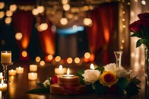 candles and flowers are arranged on a table. AI-Generated photo