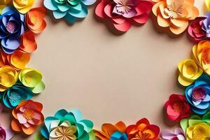 colorful paper flowers arranged in a circle on a light background. AI-Generated photo