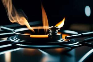 a gas burner on a stove with flames. AI-Generated photo