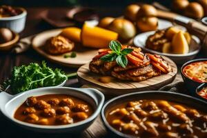 a table with many different types of food. AI-Generated photo