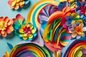 colorful paper flowers and butterflies on a blue background. AI-Generated photo