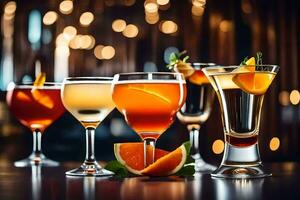 five different types of alcoholic drinks on a bar counter. AI-Generated photo