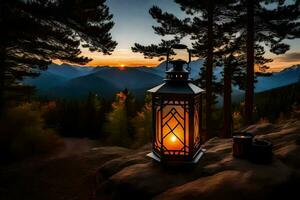 lantern, sunset, mountains, pine trees, trees, mountains, pine trees, mountains,. AI-Generated photo