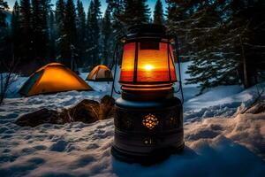 a campfire is lit in the snow next to tents. AI-Generated photo