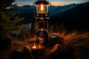 a lantern lit up on a mountain at dusk. AI-Generated photo