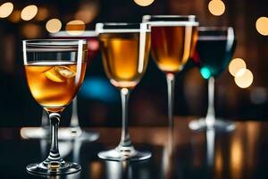 four glasses of wine with different colored drinks. AI-Generated photo