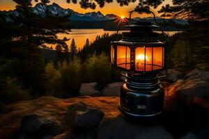 a lantern is lit up on a rock overlooking a lake. AI-Generated photo