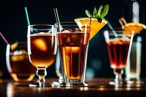 cocktails on a wooden table. AI-Generated photo