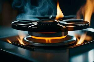 a close up of a gas stove with flames. AI-Generated photo