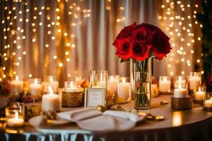 red roses and candles on a table with lights. AI-Generated photo