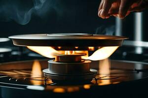 a person is cooking on a stove with a flame. AI-Generated photo