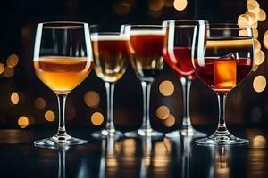 five different types of alcoholic drinks in glasses. AI-Generated photo