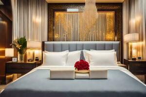un cama o camas en un habitación a el ritz Carlton Dubái generado por ai foto
