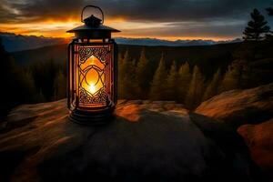 a lantern on top of a mountain at sunset. AI-Generated photo