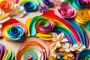 colorful paper flowers and a rainbow. AI-Generated photo