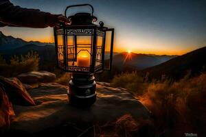 a person holding a lantern at sunset. AI-Generated photo