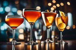 four different types of alcoholic drinks on a bar. AI-Generated photo