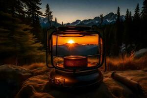 a lantern is lit on a rock in front of a mountain. AI-Generated photo