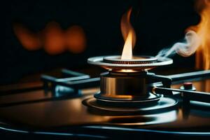 a gas stove with a flame burning on top. AI-Generated photo