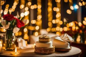 a wedding cake and candles sit on a table in front of a bokeh background. AI-Generated photo