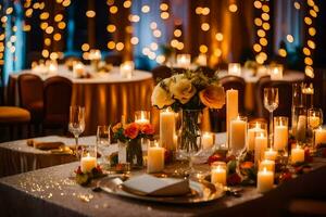 a table with candles and flowers in front of a backdrop of lights. AI-Generated photo
