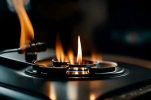 a close up of a gas burner with a flame. AI-Generated photo