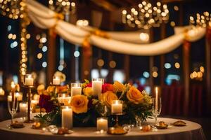 un mesa con velas y flores en él. generado por ai foto