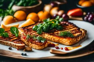 A la parrilla salmón con vegetales y fruta. generado por ai foto