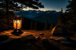 the lantern is lit up in the dark, with the mountains in the background. AI-Generated photo