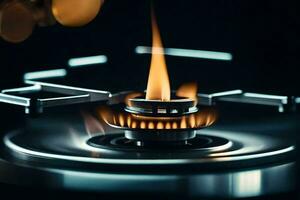 a close up of a gas burner on a stove. AI-Generated photo