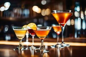 a group of different alcoholic drinks on a bar. AI-Generated photo