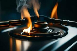 a close up of a gas burner with flames. AI-Generated photo