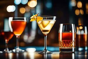 three different types of alcoholic drinks on a bar counter. AI-Generated photo
