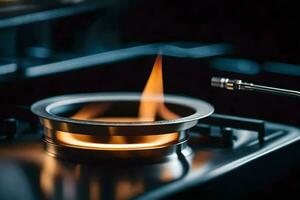 a gas burner on a stove top with a flame. AI-Generated photo