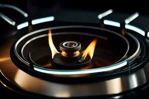 a close up of a gas burner on a stove. AI-Generated photo